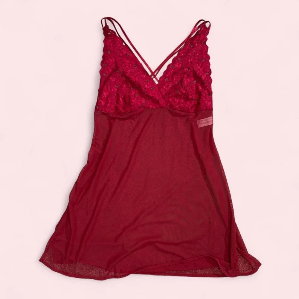 Red Lace Babydoll Slip Lingerie Short Dress with Floral and Sheer Top Size Large